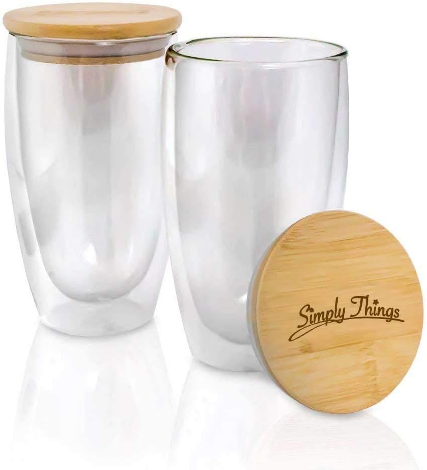 Double Wall Insulated Borosilicate Glass Mugs with Bamboo lid, Set of 2… (16 ounce)