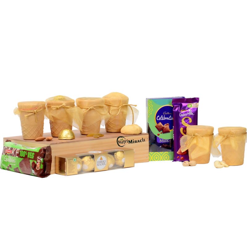 Image of NUTRI MIRACLE Diwali Edible Cups with Nuts and Chocolate Hamper with Diya | Gift for Relatives