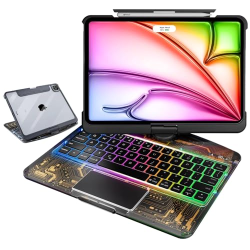MAYDORHER for iPad Pro 11 Inch Case with Keyboard, 360 Rotating for iPad Pro M4 Magic Keyboard with Cyberpunk High-tech Style, Pressure Reduction Sound Effect, 7 Colors Backlight, Transparent Black