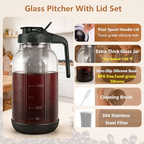 Image of Cold Brew Coffee Maker, 64oz Mason Jar Pitcher with Stainless Steel Filter, Sealed, Leak-Proof Lid with Pour Spout & Handle, Heavy Duty Glass Iced Coffee Tea Brewer with Non-Slip Silicone Base-Black