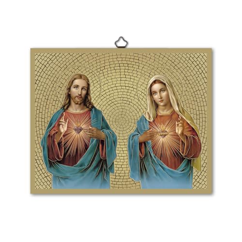 Fratelli Bonella | Cuadro sagrado que representa el Sagrado Corazón de Jesús y el Inmaculado Corazón de María sobre madera MDF de chopo de 8 mm con mosaico de lámina dorada formato 18 x 24 cm |