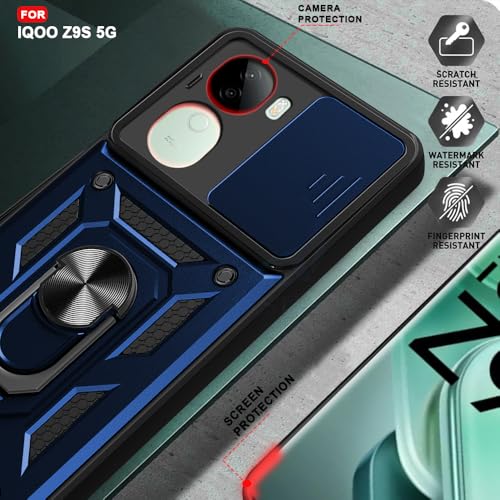 Image of AESTMO Tough Armor Compatible with iQOO Z9S 5G Bumper Back Case Cover | Ring Holder & Sliding Camera Shield Cover | 360 Degree Protection Back Case Cover Compatible with iQOO Z9S 5G (Blue)