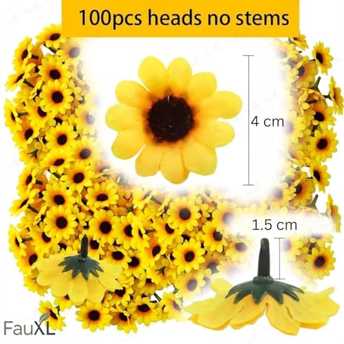 Image of Artificial Mini Sunflower Heads - Pack of 100, Yellow Silk Sunflowers for DIY Crafts, Flowers for Hair Styling, Home Office Decor, Bouquets, Scrapbooking & Party Decorations (100)