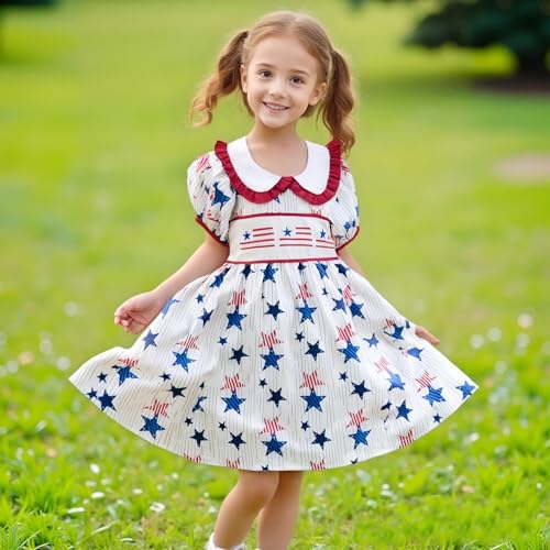 luethbiezx Kids Toddler Little Girls 4th of July Dress Doll Collar Star Stripe America Flag Short Sleeve Independence Dress2