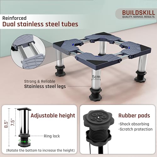 Image of BUILDSKILL 350kg Load Capacity Washing Machine Stand Adjustable | Spirit Level | Anti-Vibration Mats | Dual SS Tubes | Legs with Rubber Pads | Without Wheels Height Stand for Washing Machine (Grey)