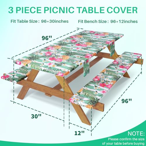 3 Piece Picnic Table Cover with Bench Covers Elastic Fitted Heavy Duty Camping Table Cloths for 8Ft Tables Camper Travel Trailer Must Haves Motorhome Garden Organization Moms Dads Kids Gift