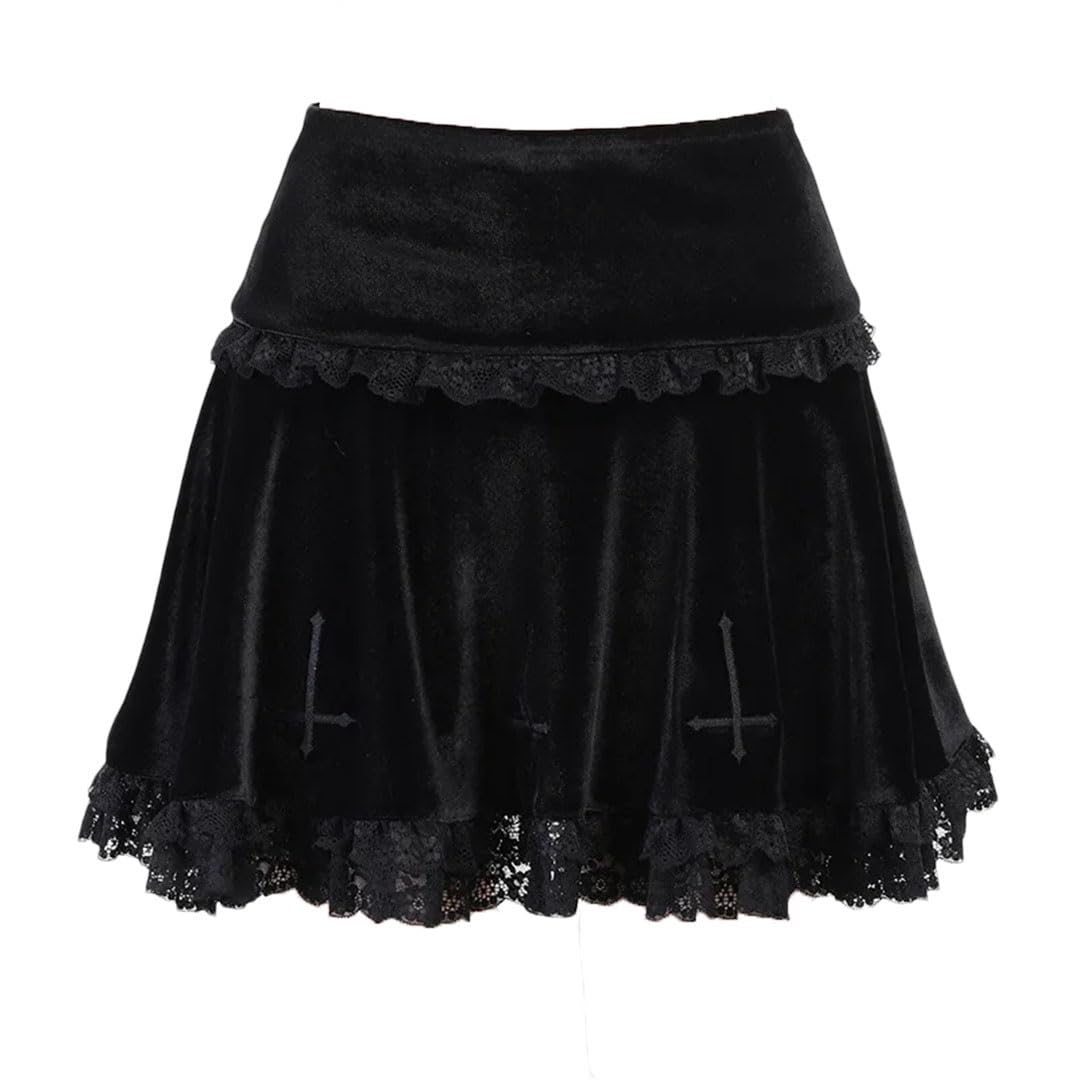 Gonna da donna in pizzo scuro vintage Harajuku a vita alta con volant in pizzo