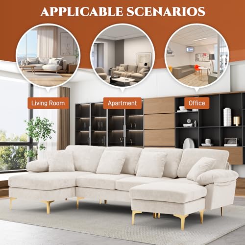 Image of OUYESSIR U-Shaped Sectional Sofa Couch, 4 Seat Sofa Set for Living Room, Convertible L-Shaped Velvet Couch Set with Chaise Lounge, Ottoman and Pillows,114 inches (White)