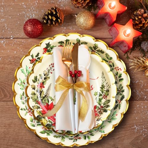 ceiba tree Christmas Paper Plates 48Pcs Vintage Holly Happy Holidays Disposable Dinner and Dessert Plates 9inch and 7inch Merry Christmas Party Supplies Poinsettia Dinnerware Set for 24 Guests – Image 5