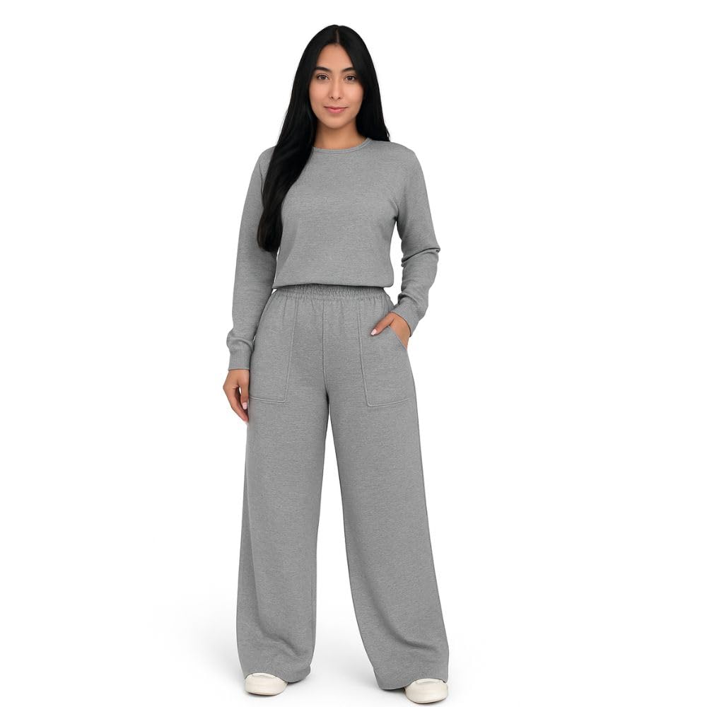 Conjunto Moletinho Blusa com Manga Longa e Calça Wide Leg e Samantha