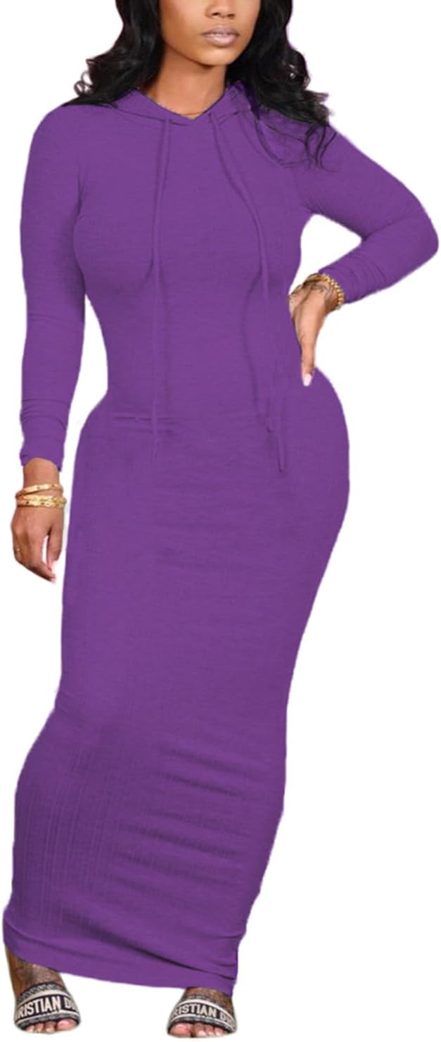 Long Sleeve Bodycon Maxi Dress for Women One Piece Hoodie Sweatshirt Dresses