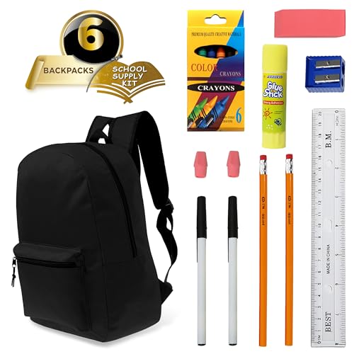 17 Inch Bulk Backpacks in Black Color with 18 Piece Student Supplies Kits - Pens, Pencils, Crayons, and More, Wholesale Case of 6 Value Bundle Packs2