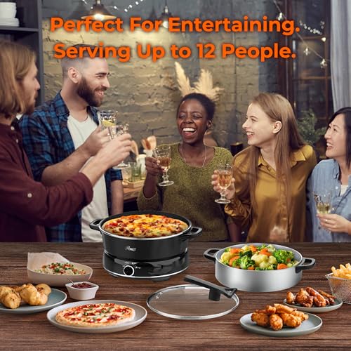 Image of Rosewill 12.7 QT Electric Hot Pot Slow Cooker with Multiple Functions, Split Design with 11.8 inch Wider Cooking Pot and SUS Steam Basket, 1600W High Power, Includes Utensils - Black