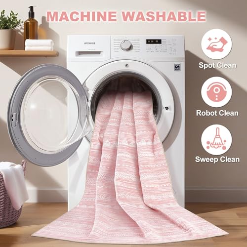 Nakagishi Pink Rugs for Bedroom Girls: 8x10 Washable Boho Large Neutral Cute Soft Area Rug Modern Indoor Floor Non Slip Accent Carpet for Living Room Nursery Kids Playroom Preppy Room Dorm Baby Room