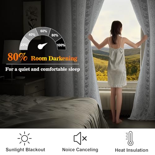 Image of Yinhua Blackout Curtains for Bedroom Double Layer Grey Curtains for Living Room 63 Inch Length 2 Panels Set Kid Curtain with Floral Sheer Overlay, Grommet Drapes with Tiebacks, 52 inch W x 63 inch L
