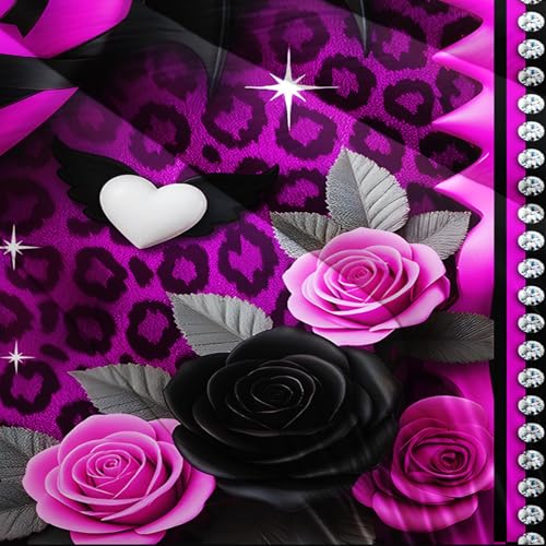 Image of AILONEN Gothic Love Heart Comforter Set Queen Size,Hot Pink Leopard Print Bedding Set for Fashion Girl Bedroom Decor,3-Piece Roses Quilt with 2 Pillowcases