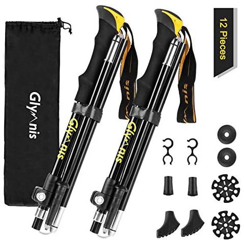 Glymnis Wanderstöcke Trekkingstöcke Walking Stöcke 7075 Aluminium Wanderstock verstellbar 110-130cm und Klemmverschluss mit 4 Paar Gummipuffers für Trekking (Gelb) Cover