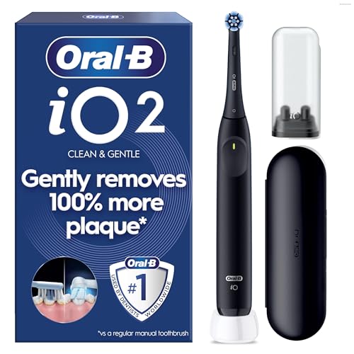 Oral-B iO2 Electric Toothbrush for Adults, Night Black, Long-Lasting Battery for Travel, Includes Gentle Care Brush Head, Travel Case and Refill Holder, Easy Switch to Electric Brushing, 2 Pin Plug