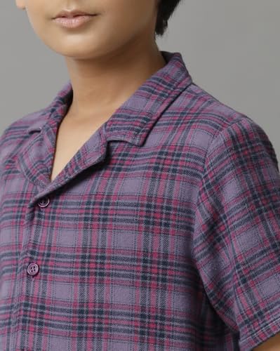 Image of Under Fourteen Only Boys Cotton Night Suit Set for Kids | Stylish Checkered Shirt and Pajama Combo | Comfortable Nightwear and Loungewear for Boys | Half Sleeves | Purple (6 Years-7 Years)