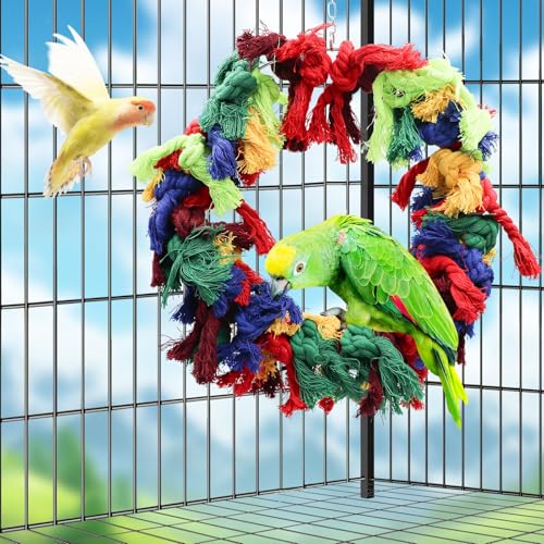 Image of Bird Ring Swing Toys, Bird Perch Stand Toy, Colorful Cotton Rope Parrot Chewing Toys, Bird Cage Accessories for Birds Parrots Cockatiels Parakeets