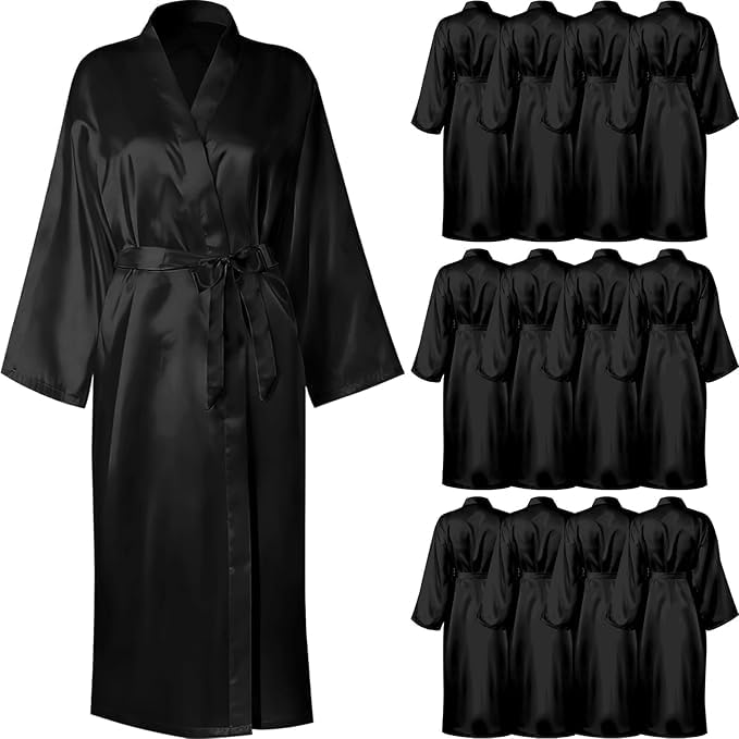 Lot de 12 peignoirs longs en satin pour femme, luxueux, soyeux, parfaits pour les mariages, les anniversaires et les vêtements de nuit (noir, taille unique)