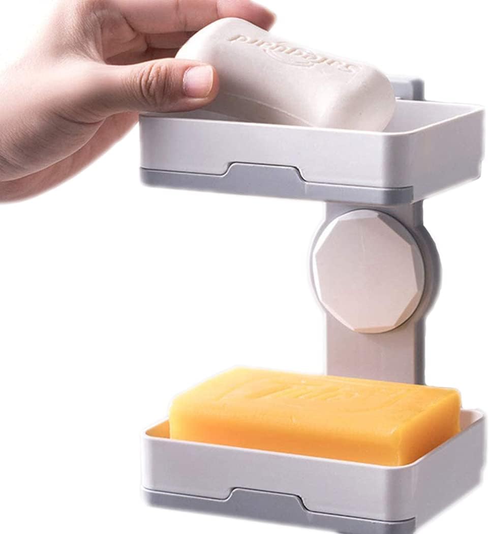 LeChamp Double Layer Soap Dish with Drainage Soap Holder Wall Mounted Adhesive Sponge Tray