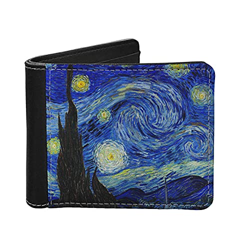 Binienty Van Gogh Starry Night Print Bifold Wallets, PU Leather Novelty Flipping Wallets for Women Men, Handbag