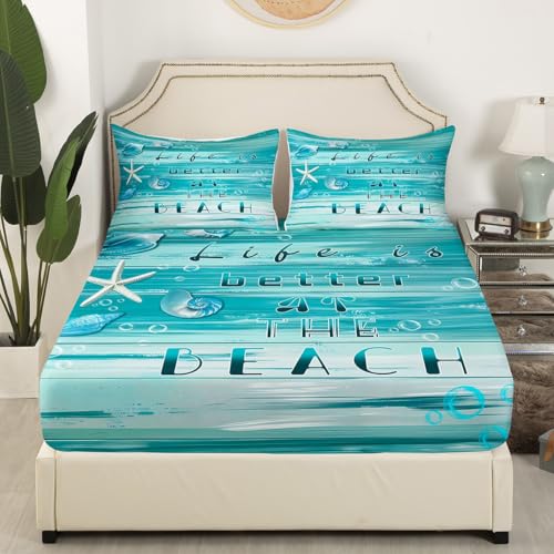 Homemissing Seestern Bettlaken Set Küstenstrand Spannbettlaken 160x200cm für Kinder Jungen Mädchen Bauernhaus Holz Sommer Hawaiianisches Seeleben Ozean Marine Muscheln Muster Ganze Saison