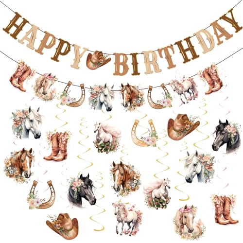 OBBOLO Horse Birthday Decorations for Girls Brown and Pink Horse Cowgirl Party Decorations with Cowgirl Hanging Swirls Happy Birthday Banners Western Party for Women
