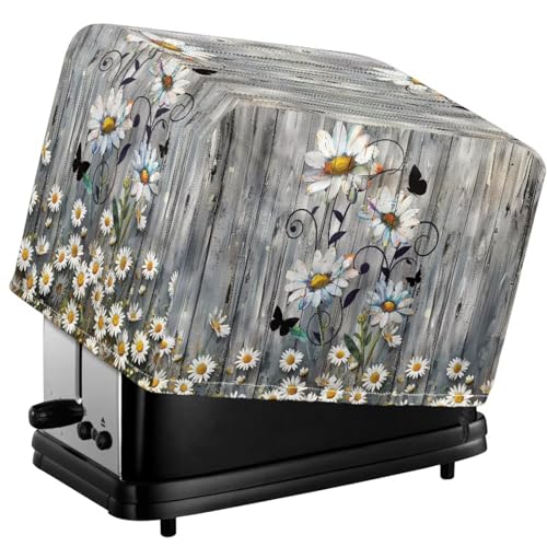 Wanzuoeng Wood Daisy Print Toaster Dust Cover 4 Slice Wide Slot, Protective Microwave Toaster Oven Cover Drawstring Closure, Machine Washable, Grey