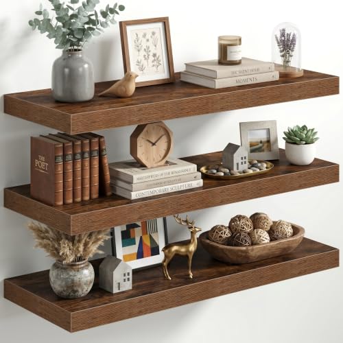 Image of Fun Memories 32 Inch Floating Shelves for Wall, 12 inch Deep Large Wall Mounted Wood Shelves with Invisible Bracket, Rustic Brown Floating Shelf for Bathroom Over Toilet Kitchen Living Room, Set of 3