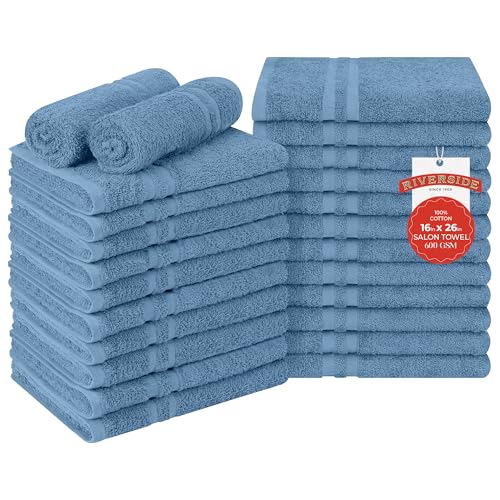 RIVERSIDE 24 Salon Towels, 16x26, Cotton, Absorbent, Blue