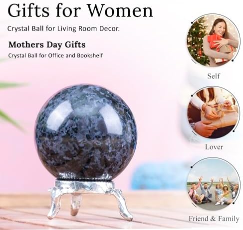 Crocon® 45mm Indigo Gabbro Stone Sphere Ball with Metal Stand 1400+ Carats Gemstone Ball Healing Sculpture Figurine for Fengshui Divination Home Decoration Photography Crystal Sphere - 5