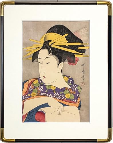 喜多川歌麿 「 紙を手に持つ遊女 」 京都版画院 品川版 大判 復刻木版画 浮世絵 額縁入り