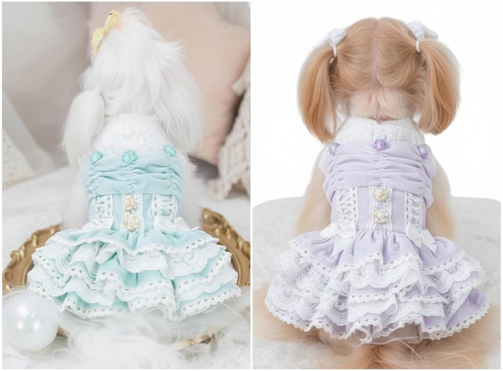 Elegant Lace Layered Dog Dress Ruffled Princess Outfit with Floral Details Spring Summer Pet Clothing 2 Colors