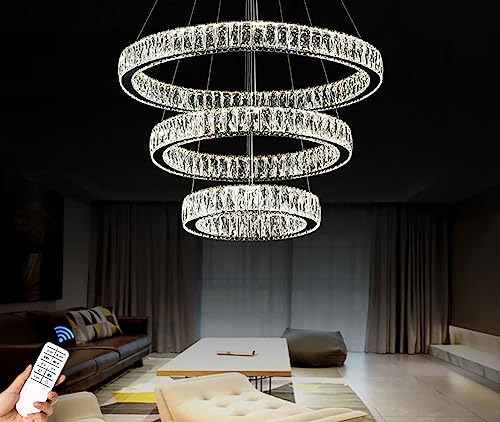 Idequy 32"+24"+16" 3 Rings Big Crystal Chandeliers For Living Room Foyer Hallway Staircase High Ceiling Chandeliers Long Hanging Pendant Light Led Dimmable 3000-6000K #TOP6