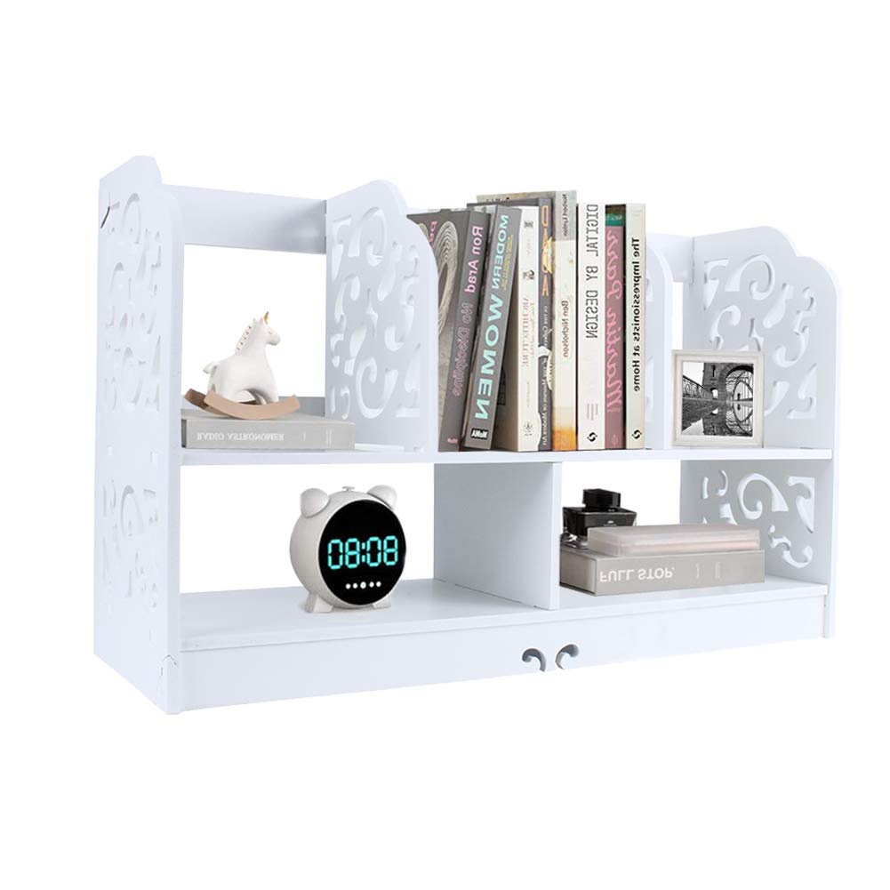 Desk Shelf Mini Bookshelf Small Bookcase 2-tier Modern Simplicity Styled Desk Bookshelf with Hollow Pattern Table Finishing Shelf Storage Rack DIY Shelving (Milk White) 35x21.5x60cm