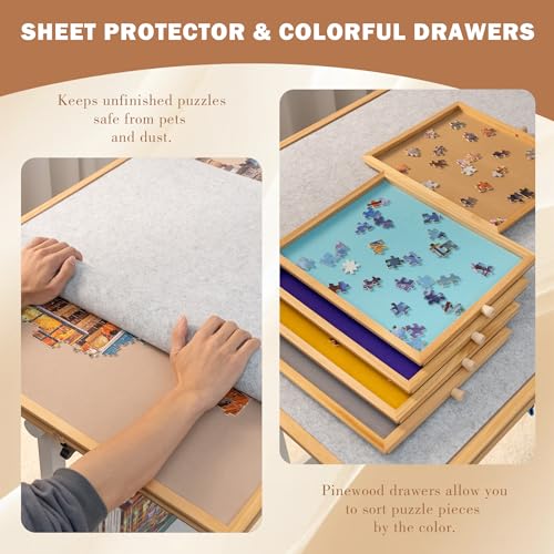 Tektalk Table de Puzzle avec réglage de l'angle et de la Hauteur, Plateau de Puzzle avec Couvercle et 5 tiroirs de tri, Table inclinable avec Pieds, fermée avec 4 roulettes, jusqu'à 1500 pièces – vue 5