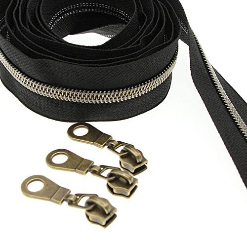 #5 Metallic Nylon Coil Zippers by The Yards Antique Brass Teeth Black Tape with 25 PCS Pulls Sliders for DIY Tailor Sewing Crafts Bag(Anqitue Brass Black) SHUNLI