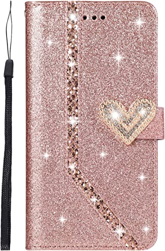 Étui portefeuille iPhone 14 Pro coque cuir PU rose pailleté rabat magnétique avec fentes cartes