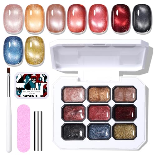 GELLAKTIK 9 Color Cat Eye Gel Polish Set - Magnetic Nail Polish Kit with Strong Magnet & Brush Holographic Shimmer Gel for DIY & Salon Manicure at Home