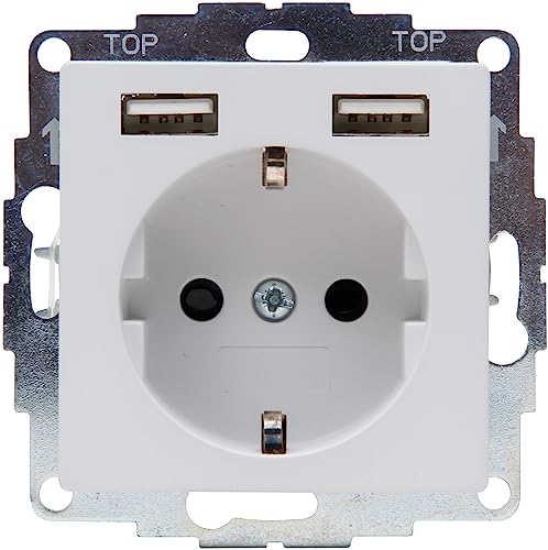 Kopp Athenis 296234082 Protective Contact Socket, Single with 2 x USB Charging Sockets, 16 A, 250 V~