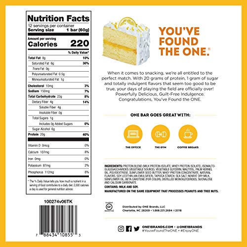 One Protein Bars, Lemon Cake, New And Improved Recipe, Gluten Free Protein Bars With 20G Protein And Only 1G Sugar, Guilt-Free Snacking For High Protein Diets, 2.12 Oz (12 Pack) #TOP6