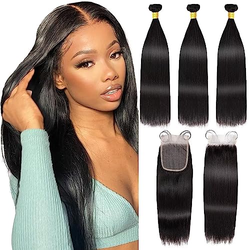 Mechones de Cabello Humano con Cierre Sedoso Recto Tejido de Pelo Humano Pelo Humano 100% Virgen Brasileño sin Procesar 3 Manojos con 4x4 Cierre de Encaje 10 12 14+10 Pulgadas Natural Negro