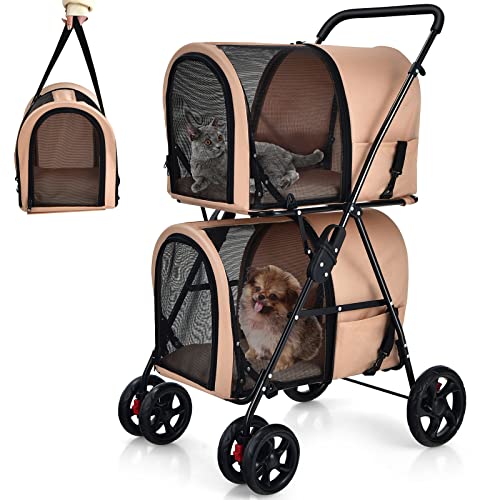 Giantex Double Pet Stroller with 2 Detachable Carrier Bags, Safety Belt, 4 Lockable Wheels, Folding Cat & Dog Stroller for Small Medium Pets, Cats Dogs Puppy Travel Strolling Cart (Beige)