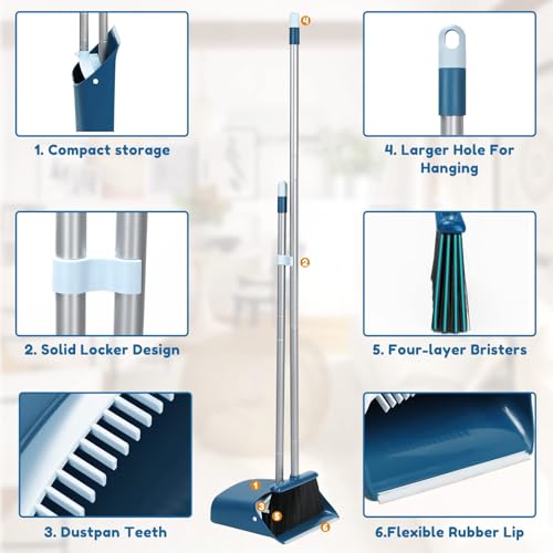 Image of TreeLen Standing Dustpan and Broom Set with 52 Inch Long Extendable Handle for Cleaning Home, Interiors, Kitchens, Office Lobby Floors, Blue