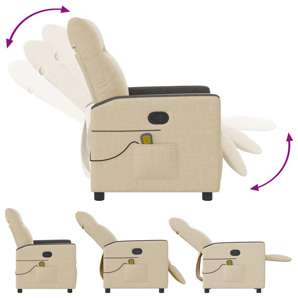 vidaXL Rozkładany fotel masujący, kremowy, obity tkaniną