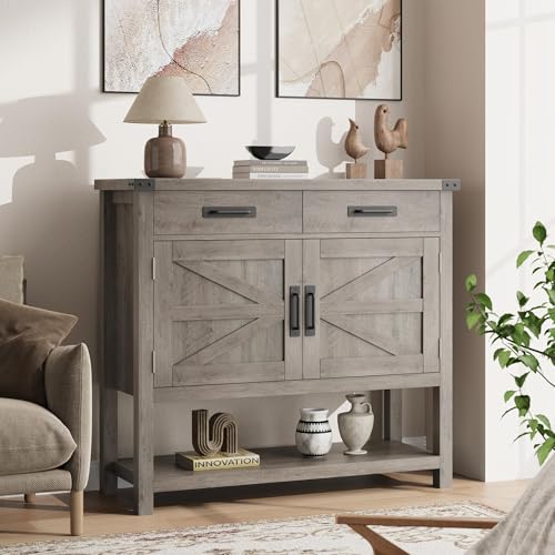 GarveeHome Farmhouse Entryway Table with 2-Door & 2 Drawers, Wood Console Table with Storage, Coffee Bar Cabinet, Sofa Tables Buffet Sideboard for Kitchen, Hallway, Dining, Living Room-Grey