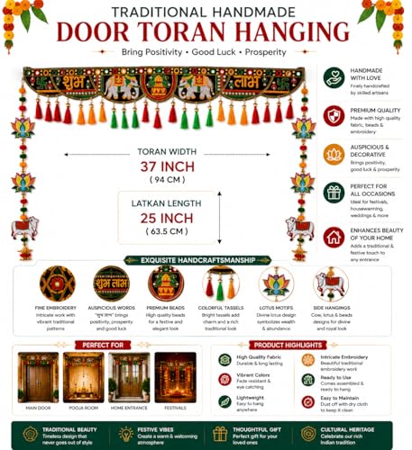 Image of Toran for Main Door Entrance | Traditional Handmade Door Hanging Garland for Decoration Bandhanwar for Main Door,Size 37 Inch (Elephant Toran with Cow Latkan)