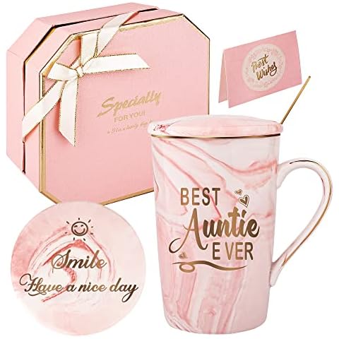 DONGSHANGIFT Taza La Mejor Tía Taza Mejor Tía Cumpleaños Día de la Madre Navidad Regalos Set para Tía Tía de Sobrino Sobrina Set de Regalo 420ML (rosa-mejor tia) Cover